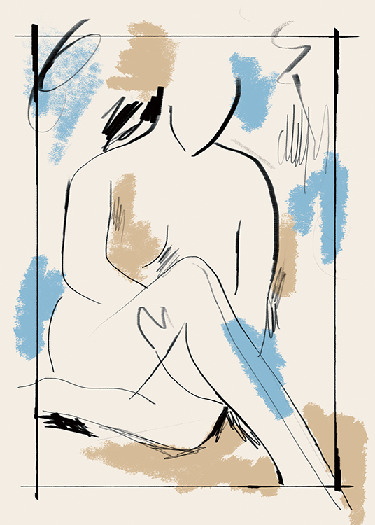  – Maleri med en sittende, naken kropp og blå, beige og svarte penselstrøk mot en lysebeige bakgrunn