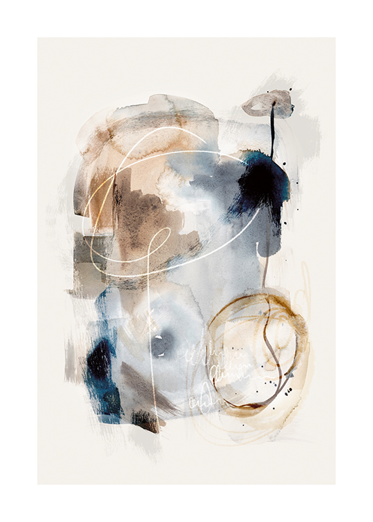  – Akvarell med abstrakte penselstrøk i nyanser av beige og blått, mot en lysegrå bakgrunn