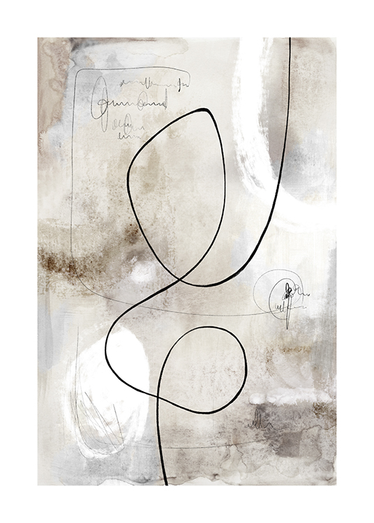  – Abstrakt maleri med svarte og hvite linjer mot en grå-beige bakgrunn
