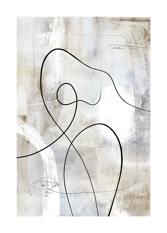  – Abstrakt maleri i grå-beige med abstrakte linjer i svart og hvitt
