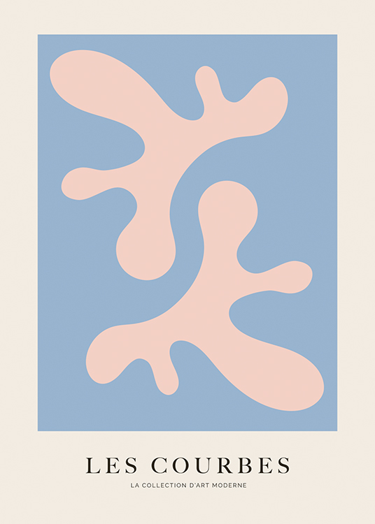  – Grafisk illustrasjon med abstrakte, rosa former mot en blå og lysebeige bakgrunn