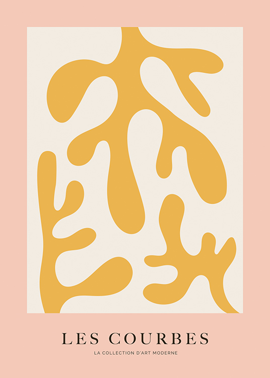  – Grafisk illustrasjon med gule, abstrakte koraller mot en lysegrå og rosa bakgrunn