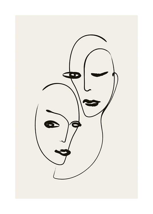  – Illustrasjon av abstrakte ansikter tegnet i svart line art mot en lysebeige bakgrunn