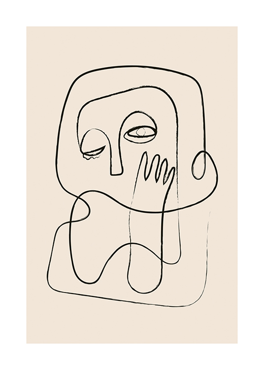  – Illustrasjon med en abstrakt arm og ansikt i svarte linjer mot en beige bakgrunn