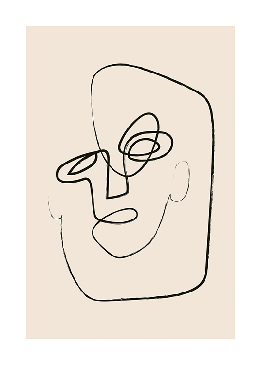  – Line art-illustrasjon av et abstrakt ansikt av svarte linjer mot en beige bakgrunn