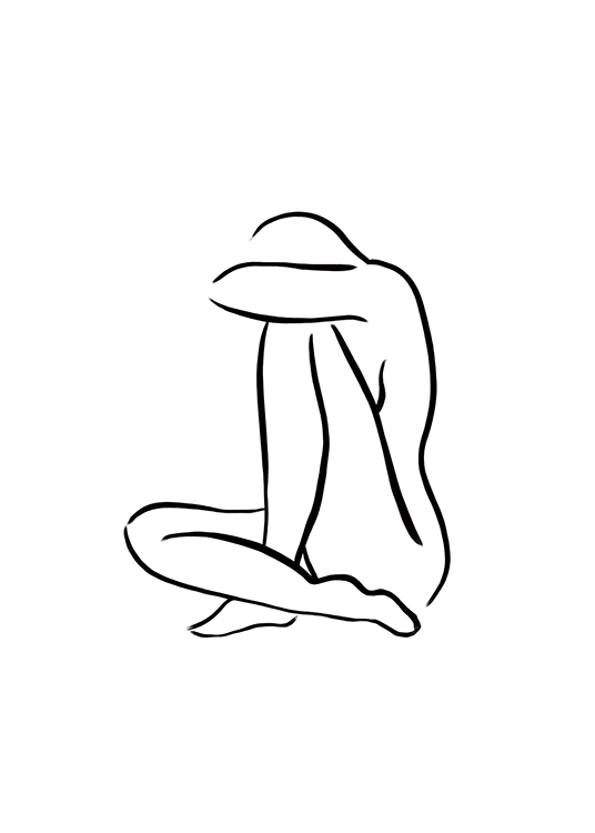  – Line art-illustrasjon av en naken kvinne som sitter, i svart mot en hvit bakgrunn