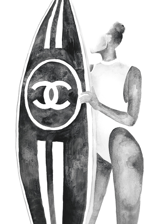  – Grå illustrasjon av en kvinne som holder et surfebrett med en Chanel-logo