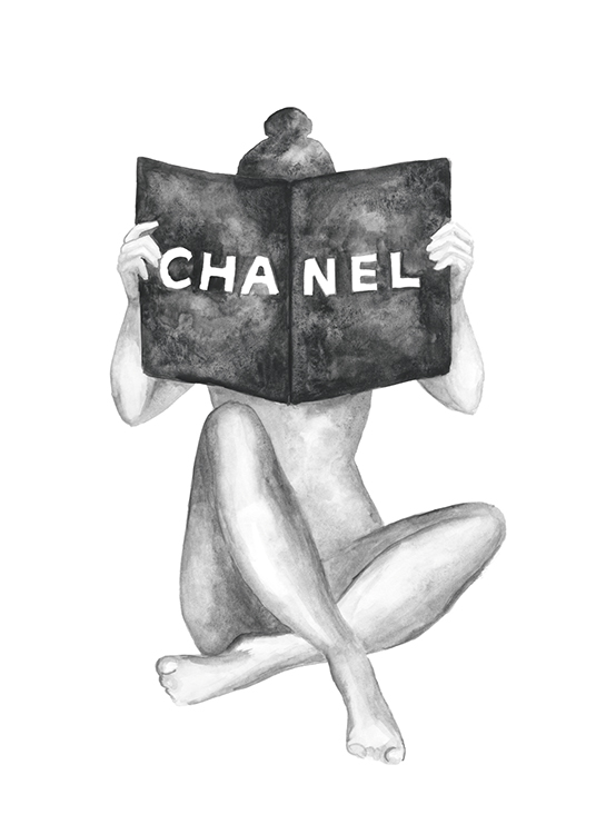  – Illustrasjon i grå akvarell av en naken kvinne som holder en Chanel-bok foran seg