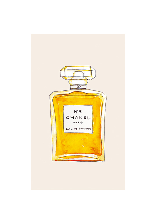  – Illustrasjon av en oransje flaske Chanel-parfyme mot en beige bakgrunn