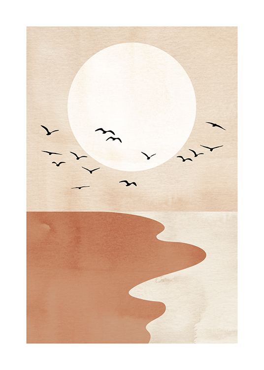  – Grafisk illustrasjon av en rød og beige sand, svarte fugler og en lysebeige sirkel