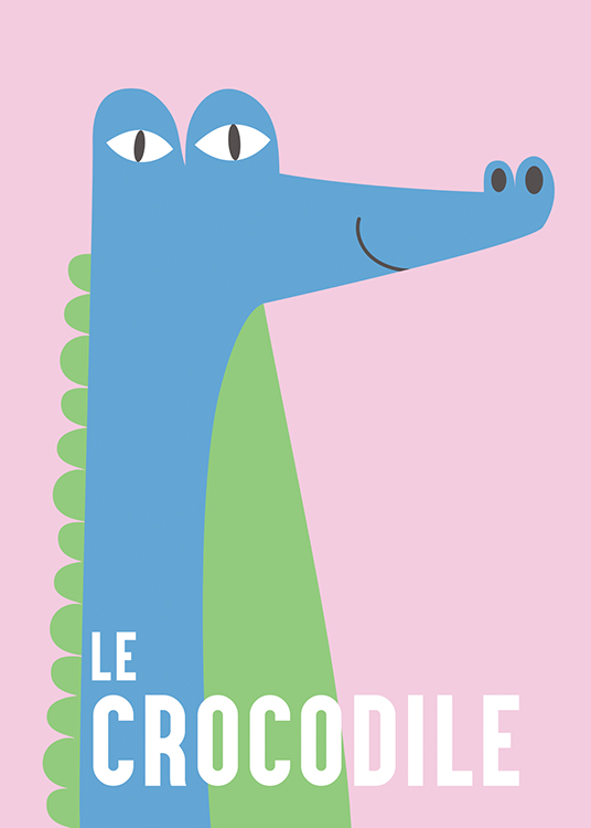  – Grafisk illustrasjon av en smilende krokodille i blått og grønt mot en rosa bakgrunn