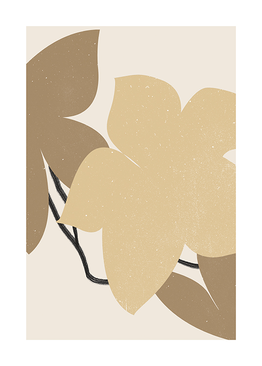  – Grafisk illustrasjon av beige og brune blomster med hvite prikker mot en lys beige bakgrunn