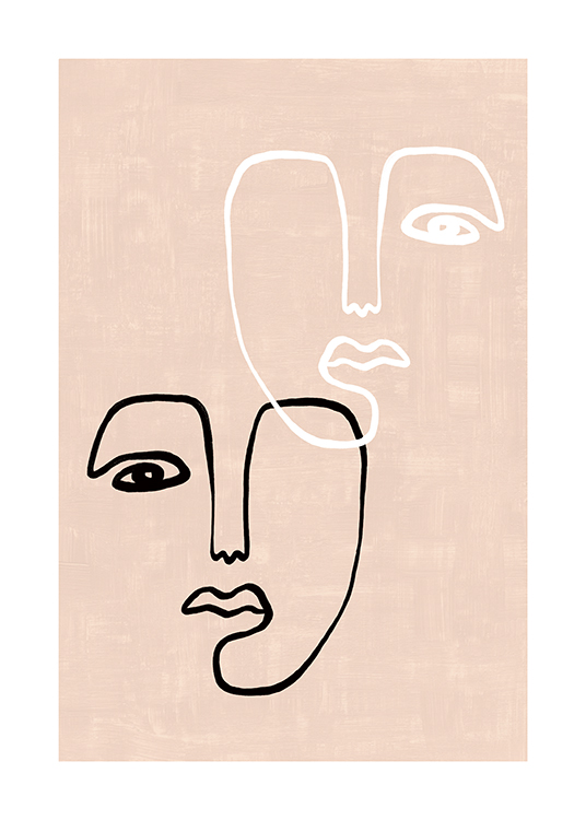  – Illustrasjon av to abstrakte ansikter laget av hvite og svarte linjer