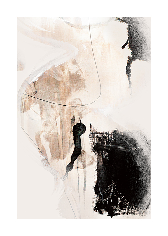 – Abstrakt maleri med beige og svarte former mot en lys bakgrunn