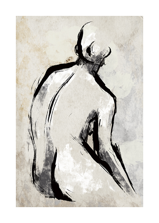  – Maleri av omrisset av en naken rygg mot en lys beige og grå ujevn bakgrunn