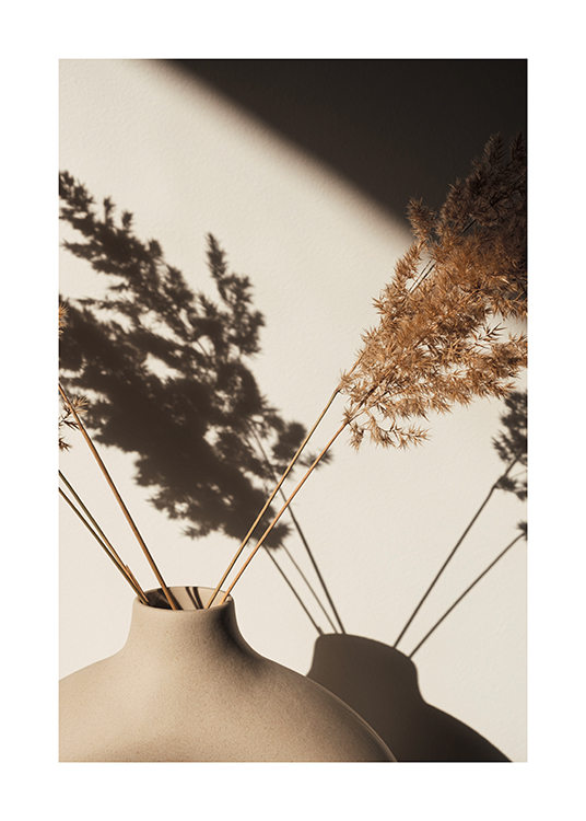  – Fotografi av tørket, brunt gress i en vase, mot en lys vegg med skygger fra gresset