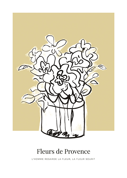  – Illustrasjon av hvite blomster i en vase, med svart omriss mot en beige bakgrunn