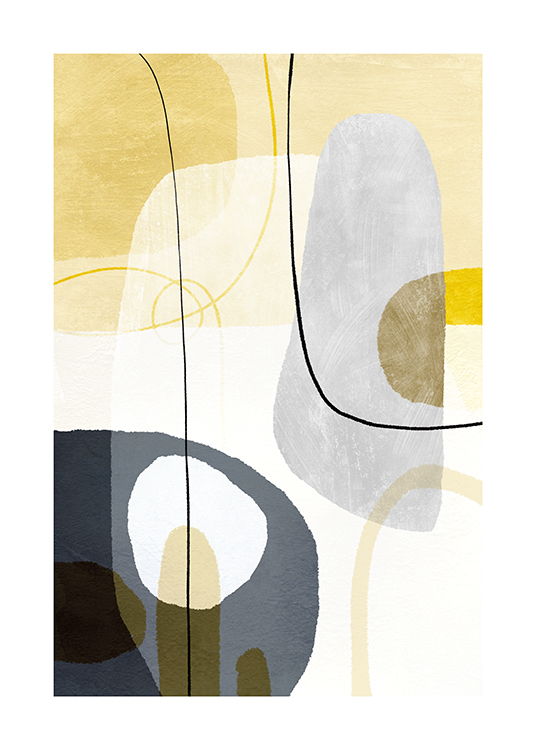 – Illustrasjon med former og linjer i grått og gult