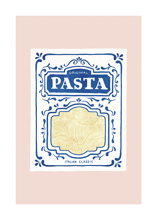  – Illustrasjon av en blå og hvit pastapakke mot en rosa bakgrunn