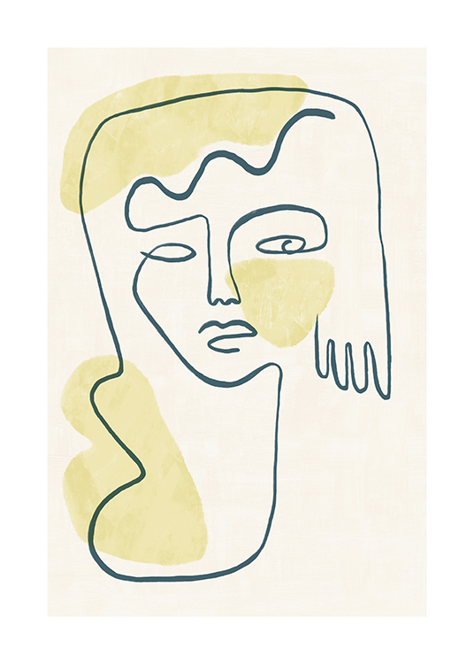  – Line art-illustrasjon av et ansikt og en hånd, med gule former mot en lys beige bakgrunn