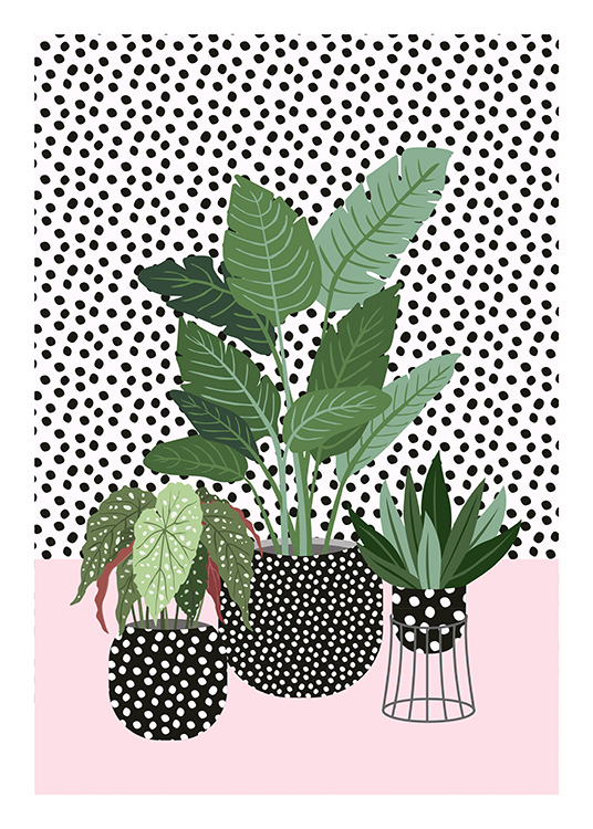  – Illustrasjon av planter mot en prikkete vegg i prikkete potter