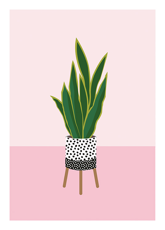  – Illustrasjon av en plante mot en rosa bakgrunn, i en prikkete potte med bein