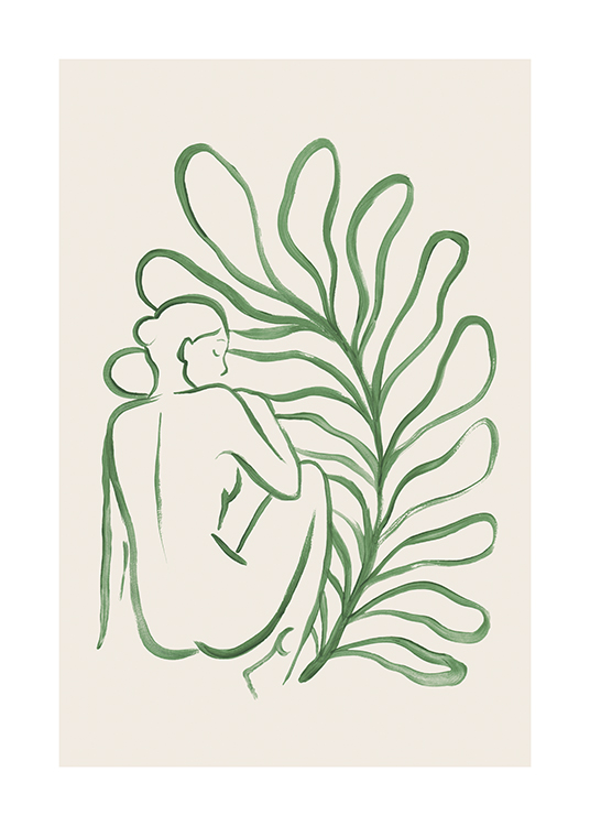  – Illustrasjon av et stort blad bak en naken kvinne som er tegnet i grønt mot en beige bakgrunn
