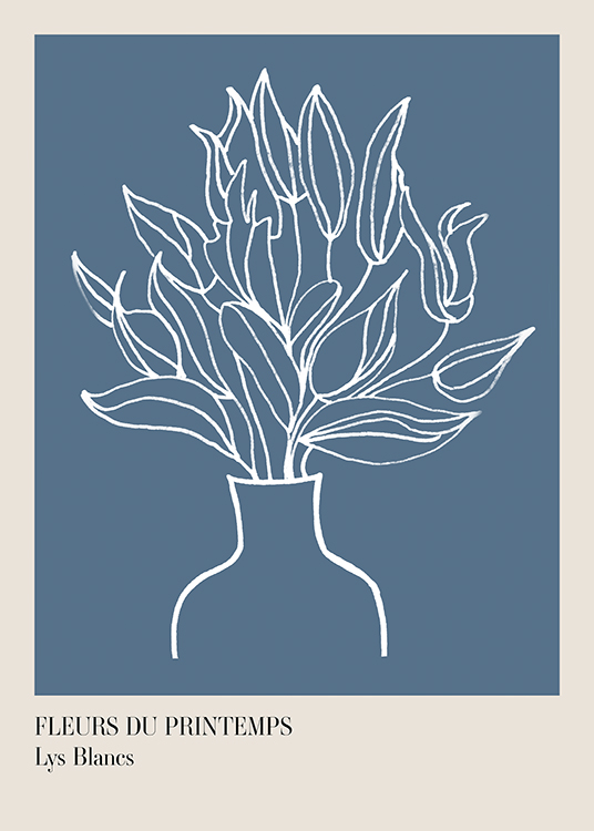  – Grafisk illustrasjon av en bukett med blomster i en vase, tegnet i hvitt mot en blågrå bakgrunn