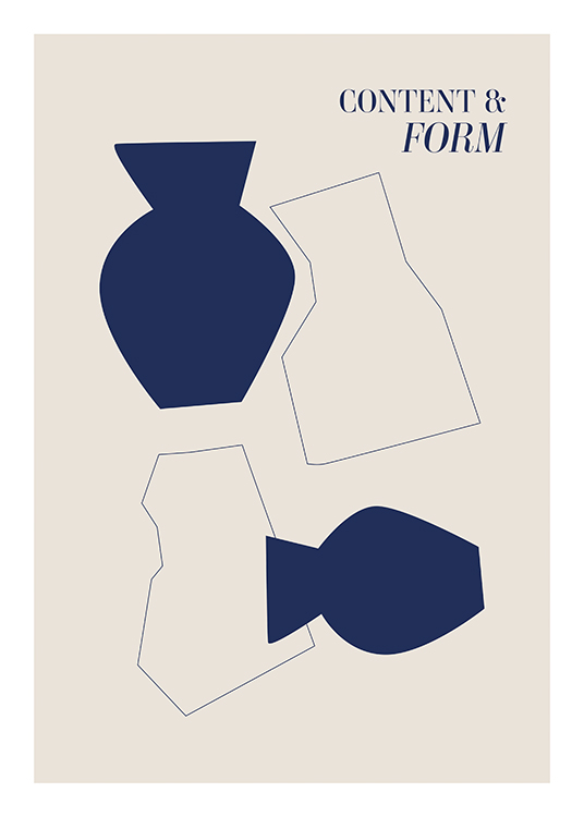  – Grafisk illustrasjon med abstrakte former og vaser i blått mot en beige bakgrunn
