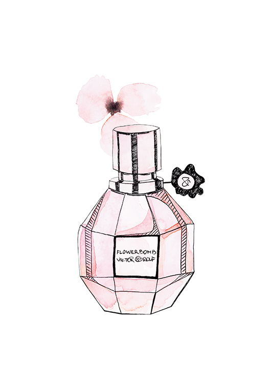  – Illustrasjon av en rosa parfymeflaske og en liten, rosa blomst mot en hvit bakgrunn