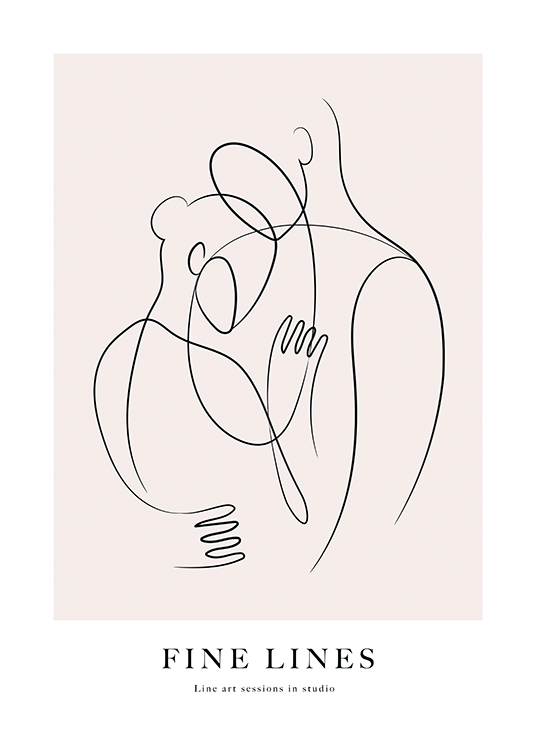  – Illustrasjon i svart line art av to mennesker som omfavner hverandre, mot en støvrosa bakgrunn