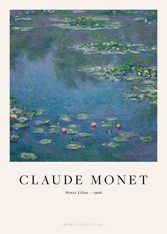  – Maleri av en innsjø med vannliljer i vannet, mot en beige bakgrunn