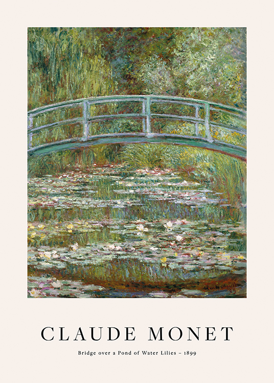  – Maleri av en dam med vannliljer under en bro, med trær i bakgrunnen