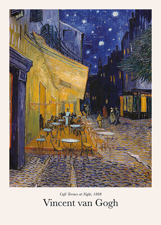  – Maleri av en kafé i en by, med en terrasse utenfor, og med en mørkeblå himmel i bakgrunnen