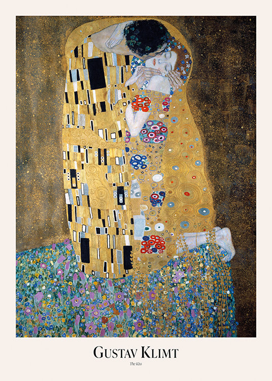  – Maleri av en mann som kysser en kvinne på kinnet, mot en gyllen og brun bakgrunn med blomsterdetaljer