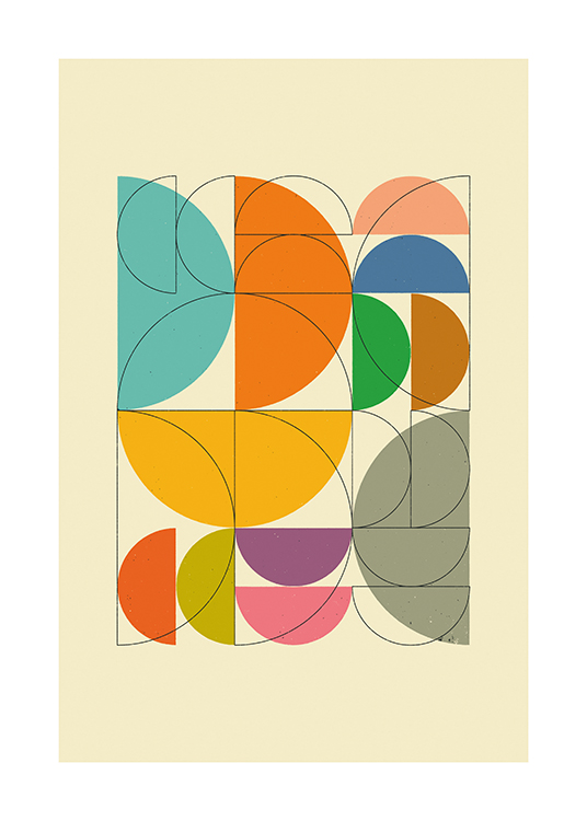  – Grafisk illustrasjon med et mønster av fargerike halvsirkler
