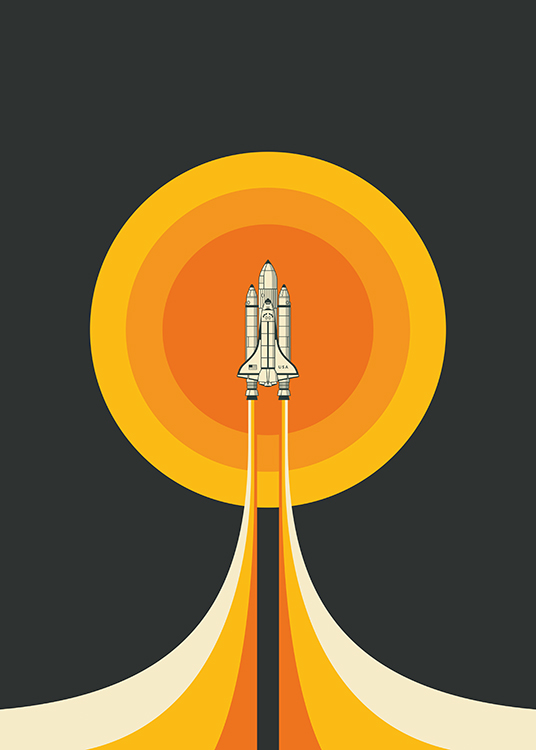  – Grafisk illustrasjon av en gul og oransje sirkel bak en romferge