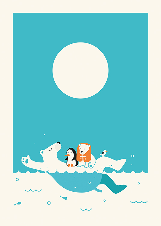  – Grafisk illustrasjon av en svømmende isbjørn med dyr på magen