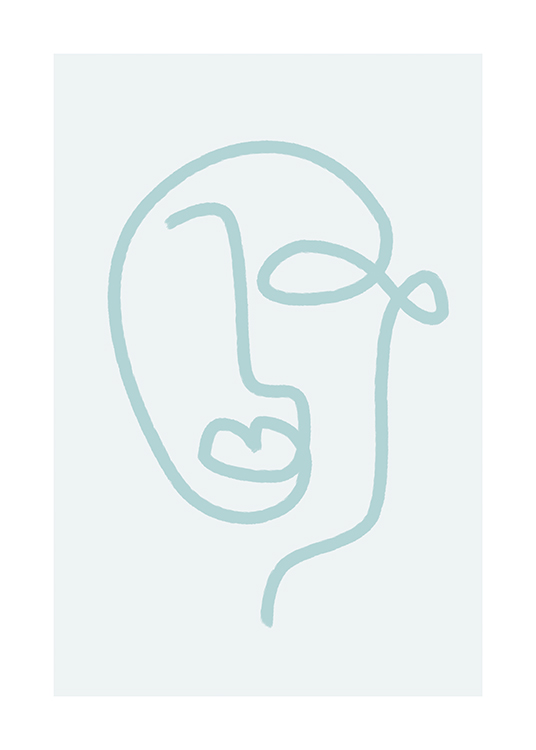  – Line art-illustrasjon av et abstrakt ansikt i blått mot en lyseblå bakgrunn