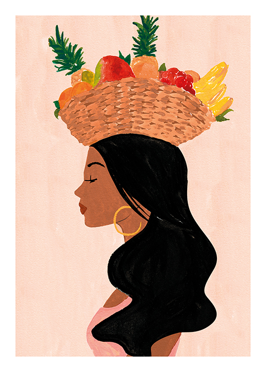  – Illustrasjon av en kvinne sett fra siden, med svart hår, og en fruktkurv på hodet