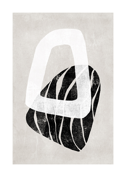  – Illustrasjon med to abstrakte former i hvitt og svart, med hvite striper mot en gråbeige bakgrunn