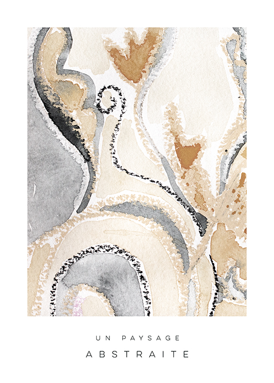  – Maleri med abstrakt motiv i grått og beige, med tekst under
