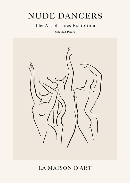  – Line art-illustrasjon av nakne, dansende kvinner mot en beige bakgrunn