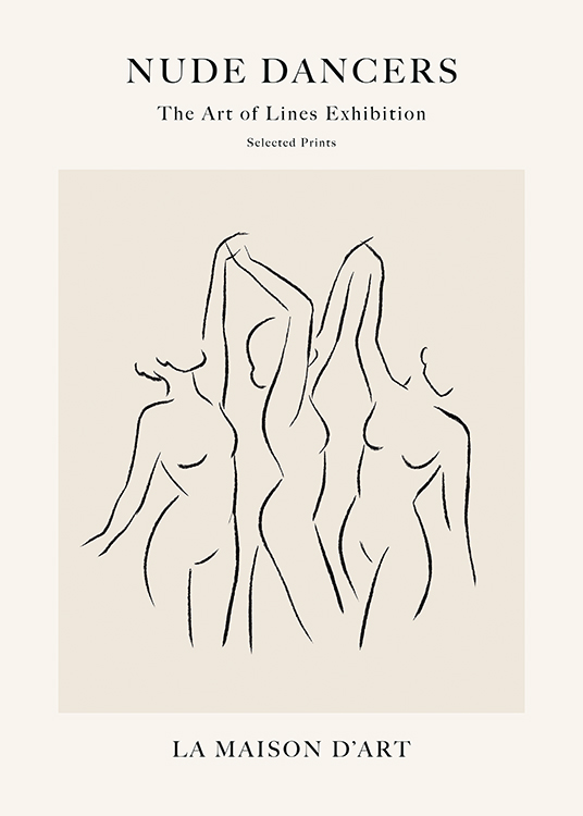 – Illustrasjon i svart line art av nakne kvinner som danser og holder hverandre i hendene