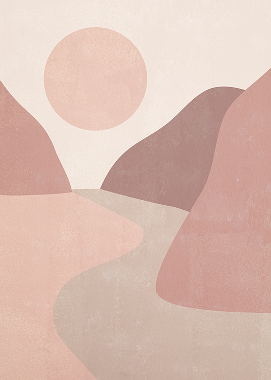  – Grafisk illustrasjon av et rosa og beige landskap med fjell og en sol
