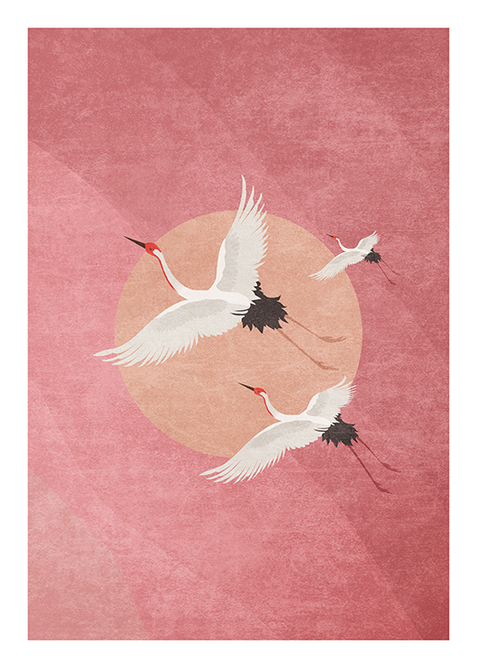  – Grafisk illustrasjon av en flokk traner som flyr, mot en rosa bakgrunn med en lys ferskenfarget sirkel