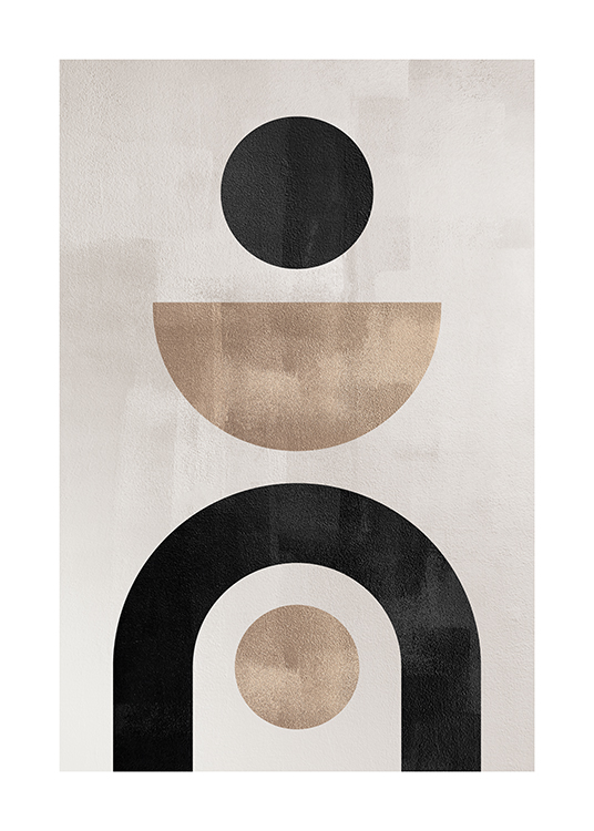  – Grafisk illustrasjon med geometriske former i beige og svart mot en grå-beige bakgrunn