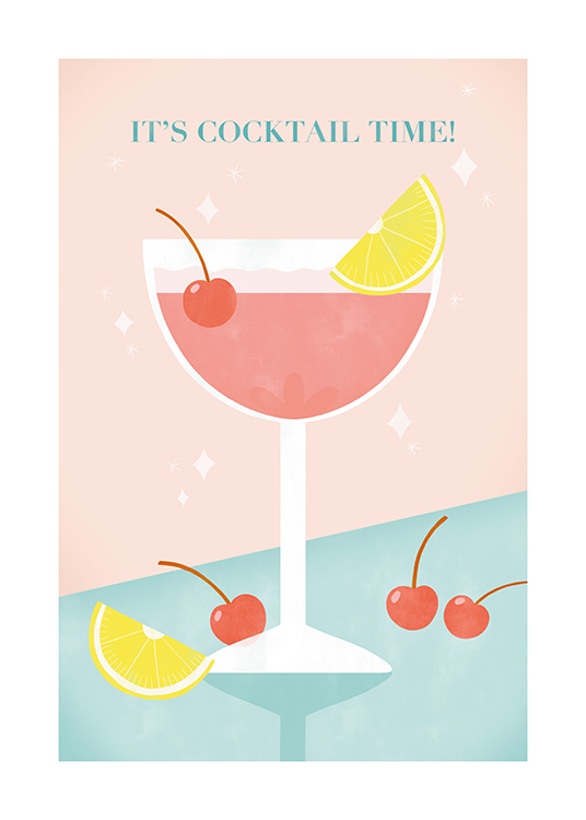  – Grafisk illustrasjon av en rosa cocktail med kirsebær og sitronskiver