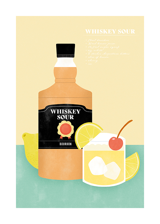  – Grafisk illustrasjon av en whiskeyflaske og et glass med whiskey sour med sitroner og en kirsebær