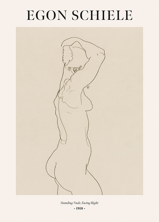  – Tegning i beige av en naken kvinne, med tekst øverst og nederst